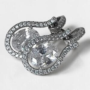 Vintage Sterling Silver 925 Halo Drop Earrings Cubic Zirconia Oval Wedding